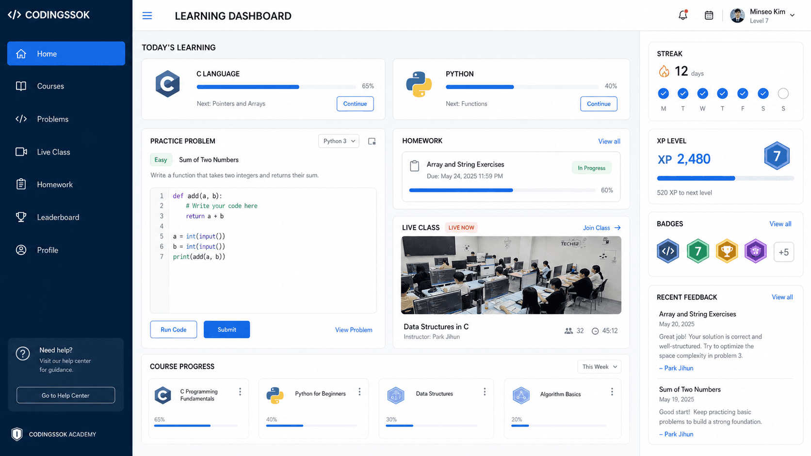 Codingssok student learning dashboard